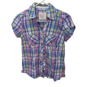 Vintage Y2K Pink Blue Plaid 100% Cotton Short Sleeve Button Front Blouse Top XS